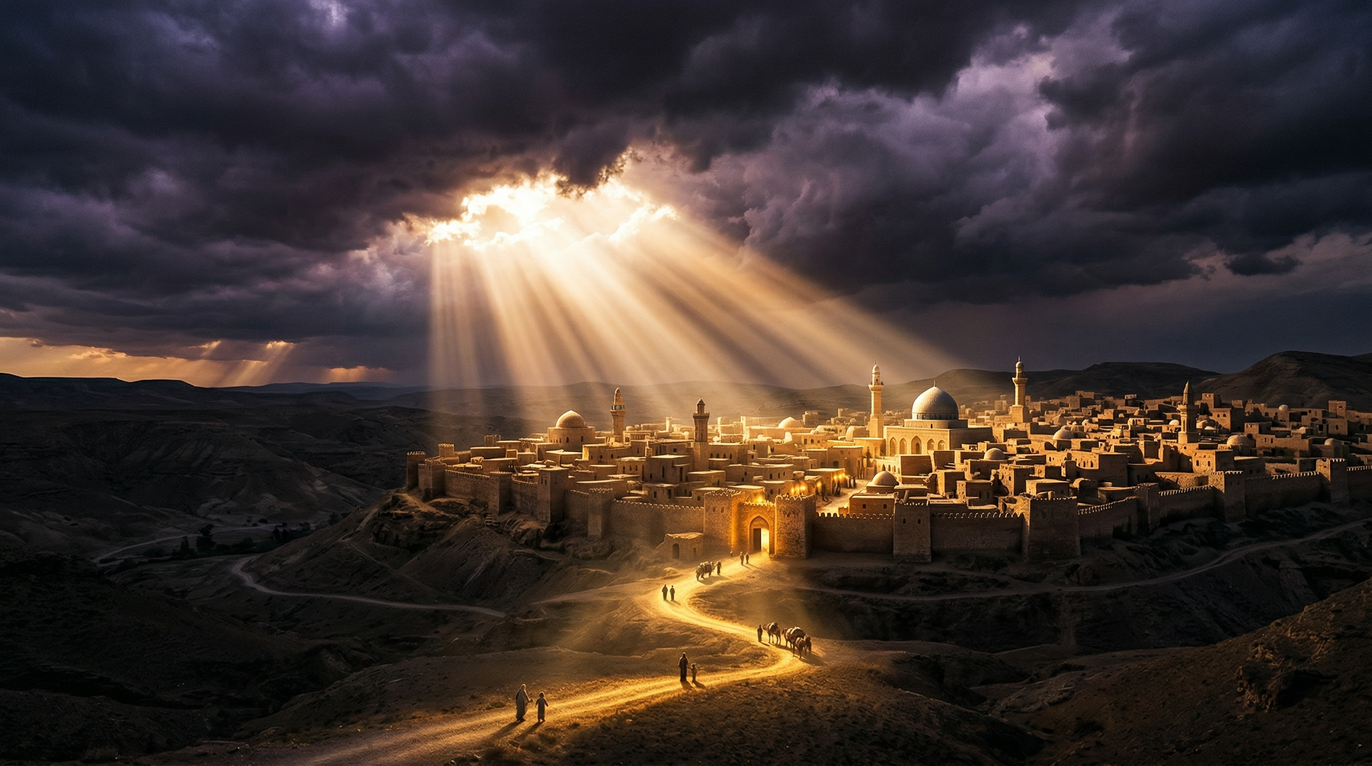 Divine light breaking over an ancient city — a picture of hope and truth